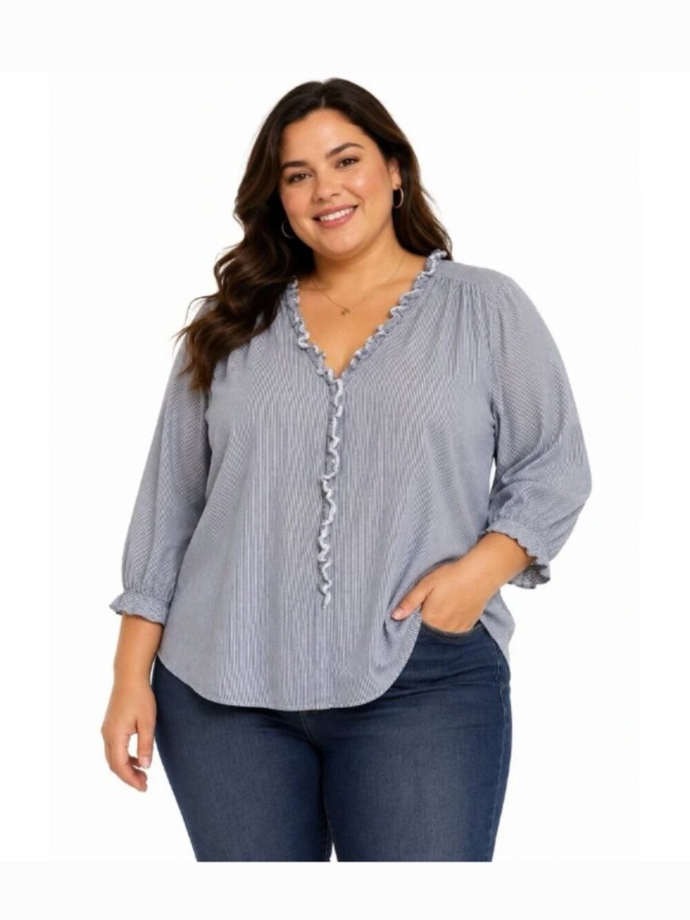 LC Lauren Conrad Blue Striped Ruffle Neck Blouse Size Large 3/4 Sleeve To